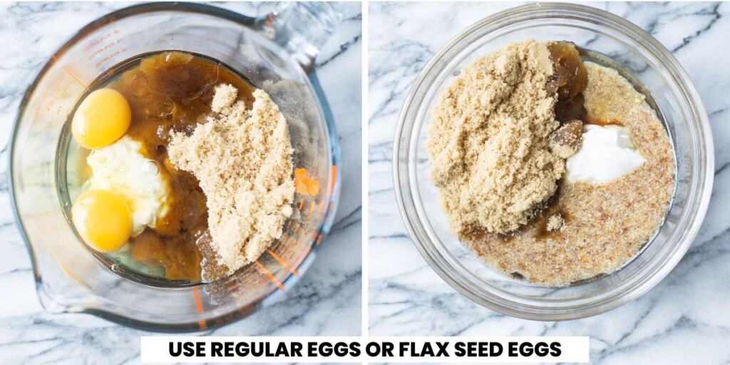 two pictures: one with a mixing just of wet ingredients with eggs and the other a mixing bowl with wet ingredients and a flax egg