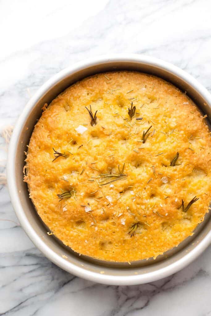 freshly baked Gluten Free Focaccia still in its baking pan