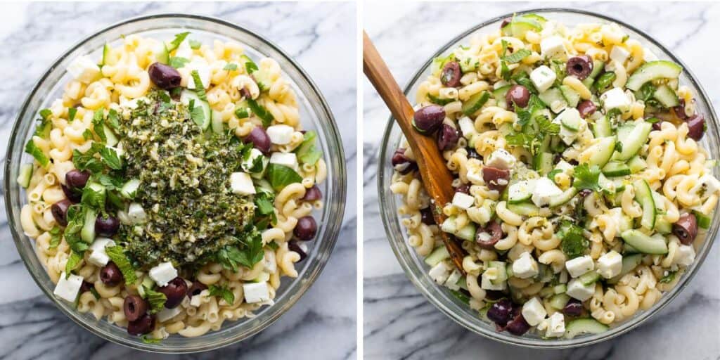 mixing all the ingredients of the pasta salad together - before and after mixing