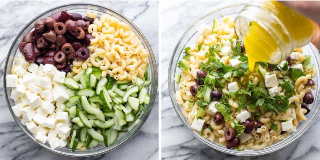 lemon mint vinaigrette pouring over a macaroni salad