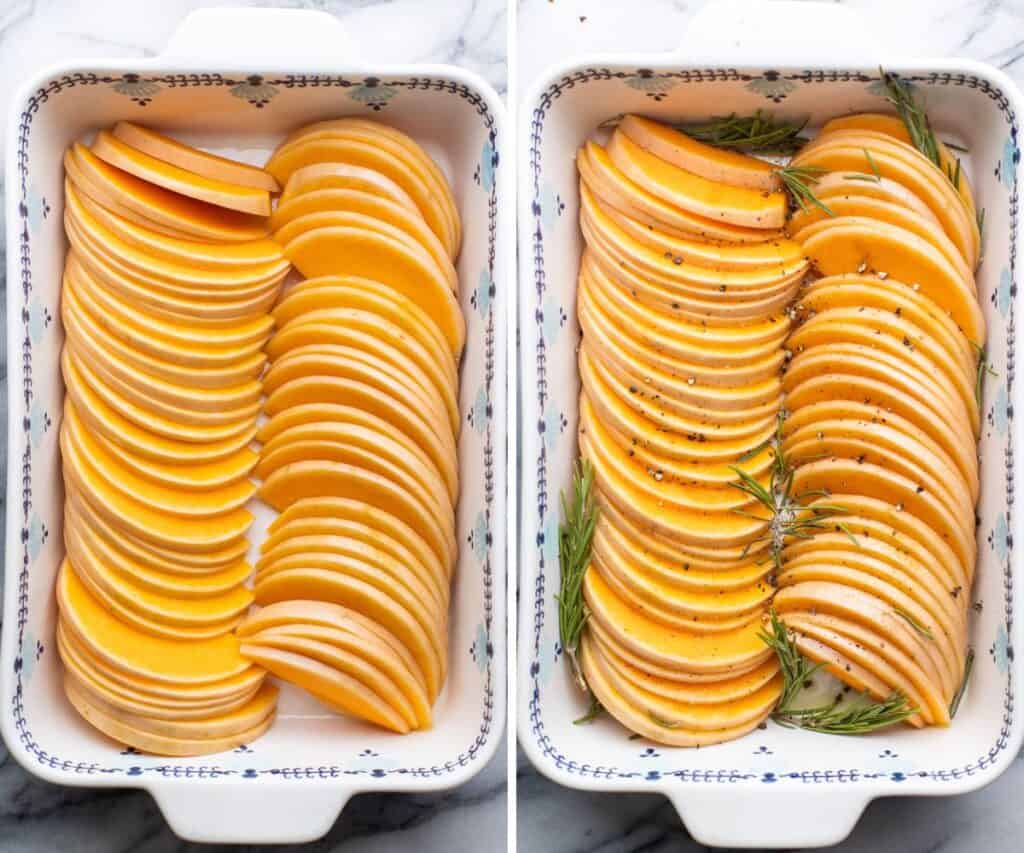  squash half moons arranges in a roasting pan