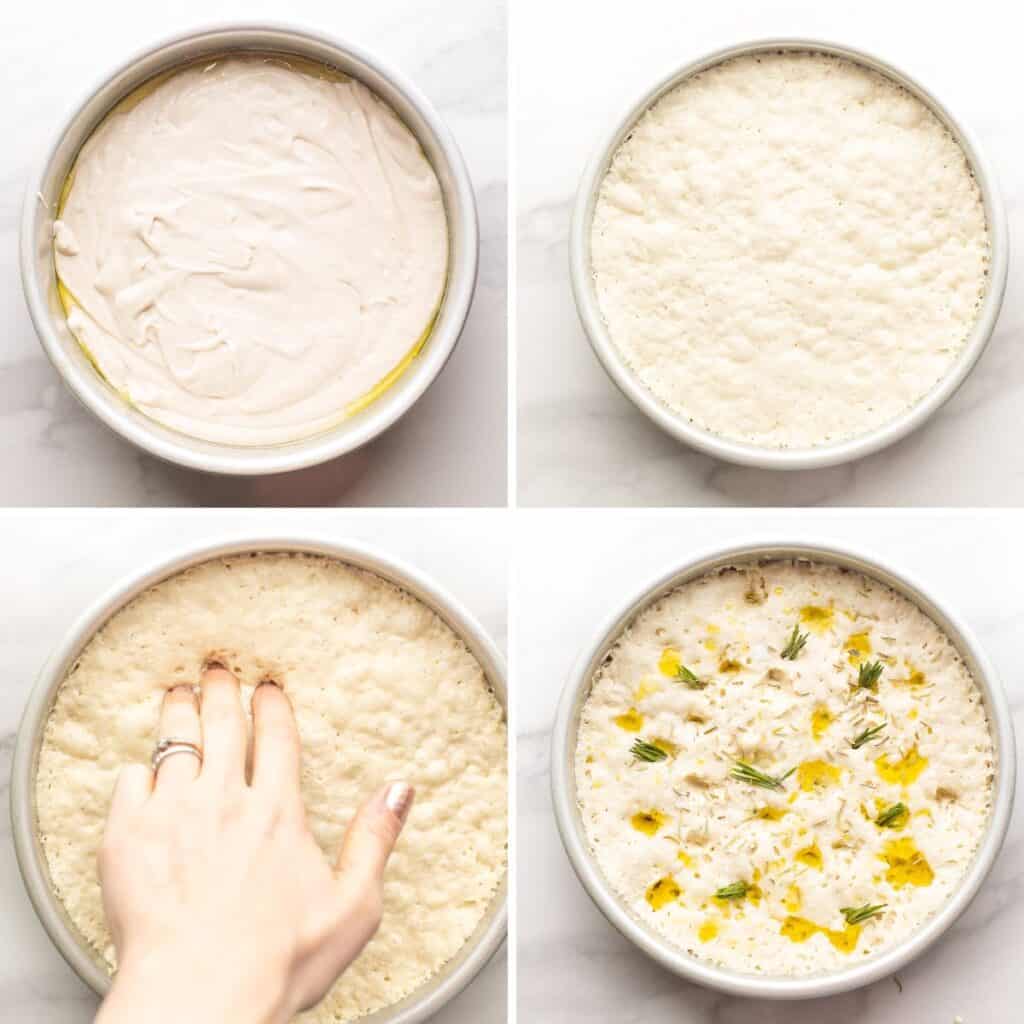 Focaccia dough pre baking collage - before and after rising and prepping the dough for baking