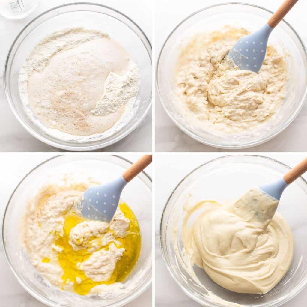 focaccia dough collage - mixing the wet and dry ingredients to create a batter-like dough