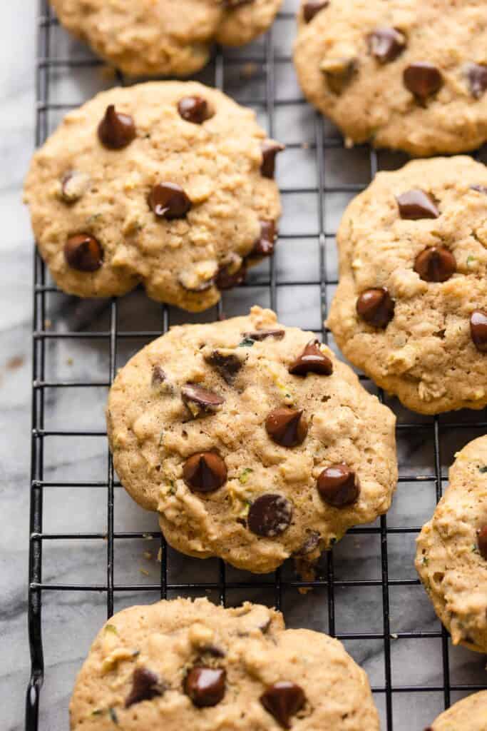 Chocolate Chip Zucchini Oatmeal Cookies on a cooling rack