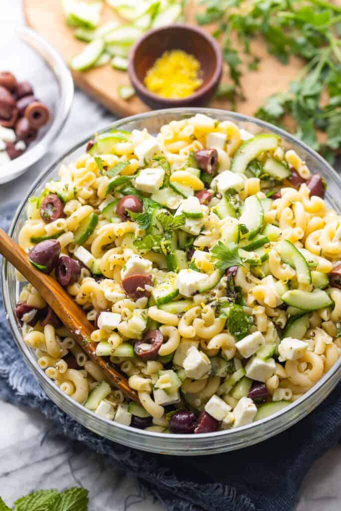 Greek Lemon & Cucumber Pasta Salad in a large salad bowl 