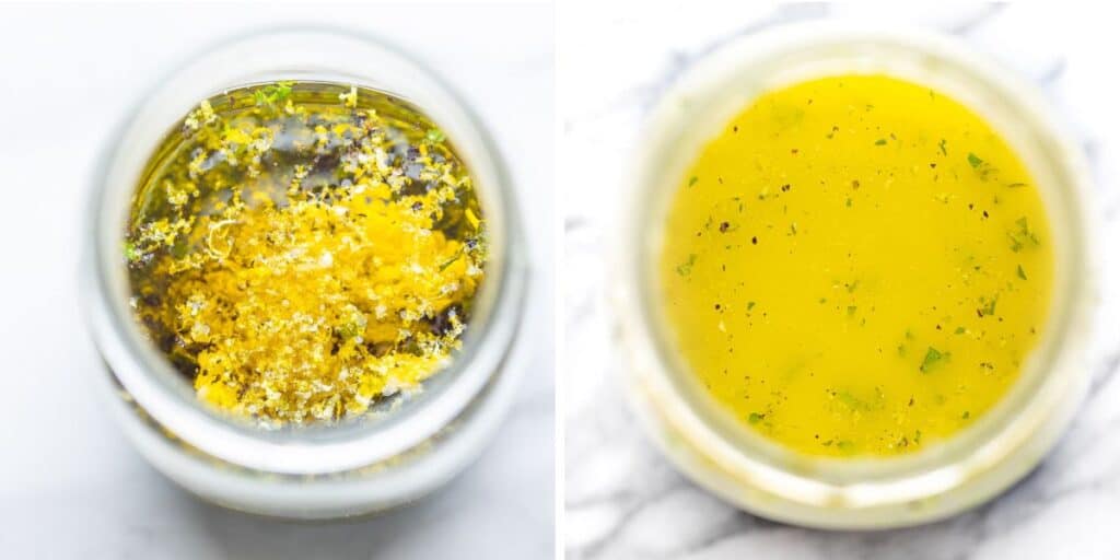 mint and lemon vinaigrette before and after mixing together
