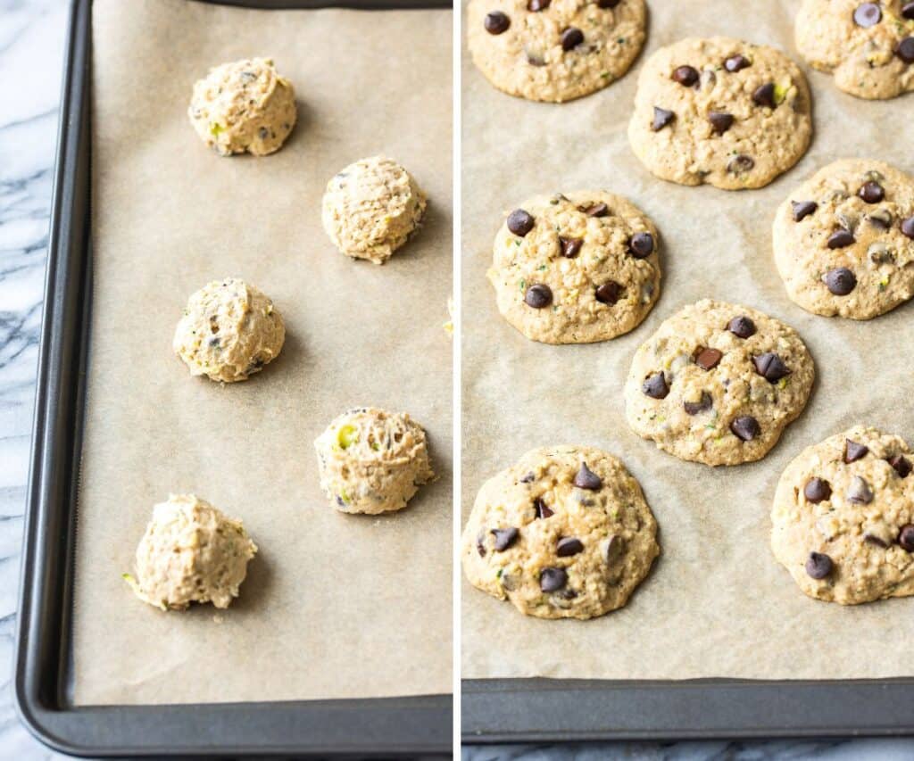 cookie dough collage - the rolled dough balls on the baking sheet before baking and then freshly baked out of the oven