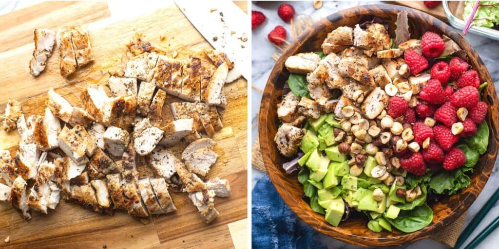 chopped chicken on a cutting board and a salad bowl filled with the salad ingredients