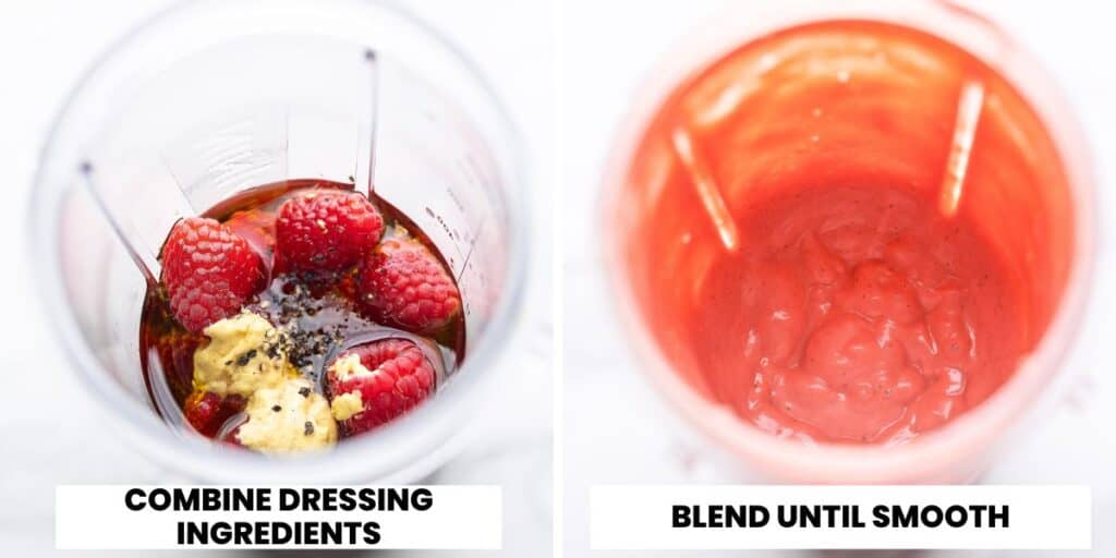 a before and after picture of the raspberry dressing: before it's blended and after it's blended