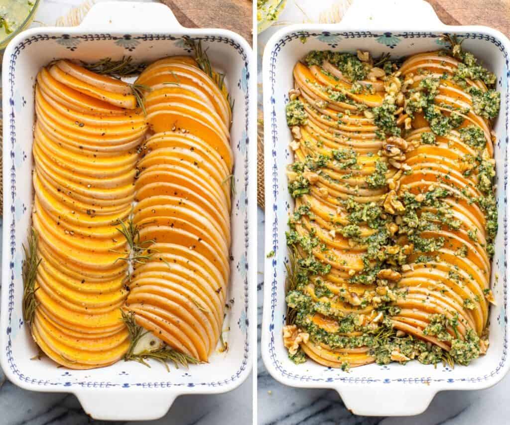 squash slices in a roasting dish with and without pesto on top