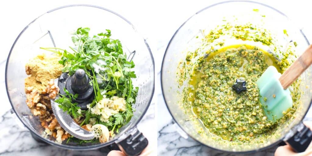 walnut parsley pesto in a food processor before and after blending up 