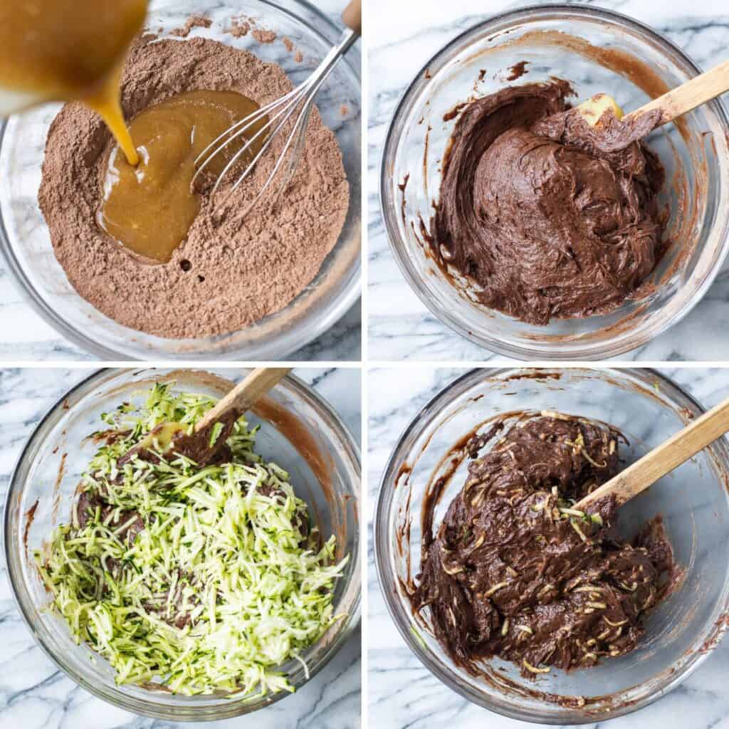 chocolate zucchini muffin batter preparation collage