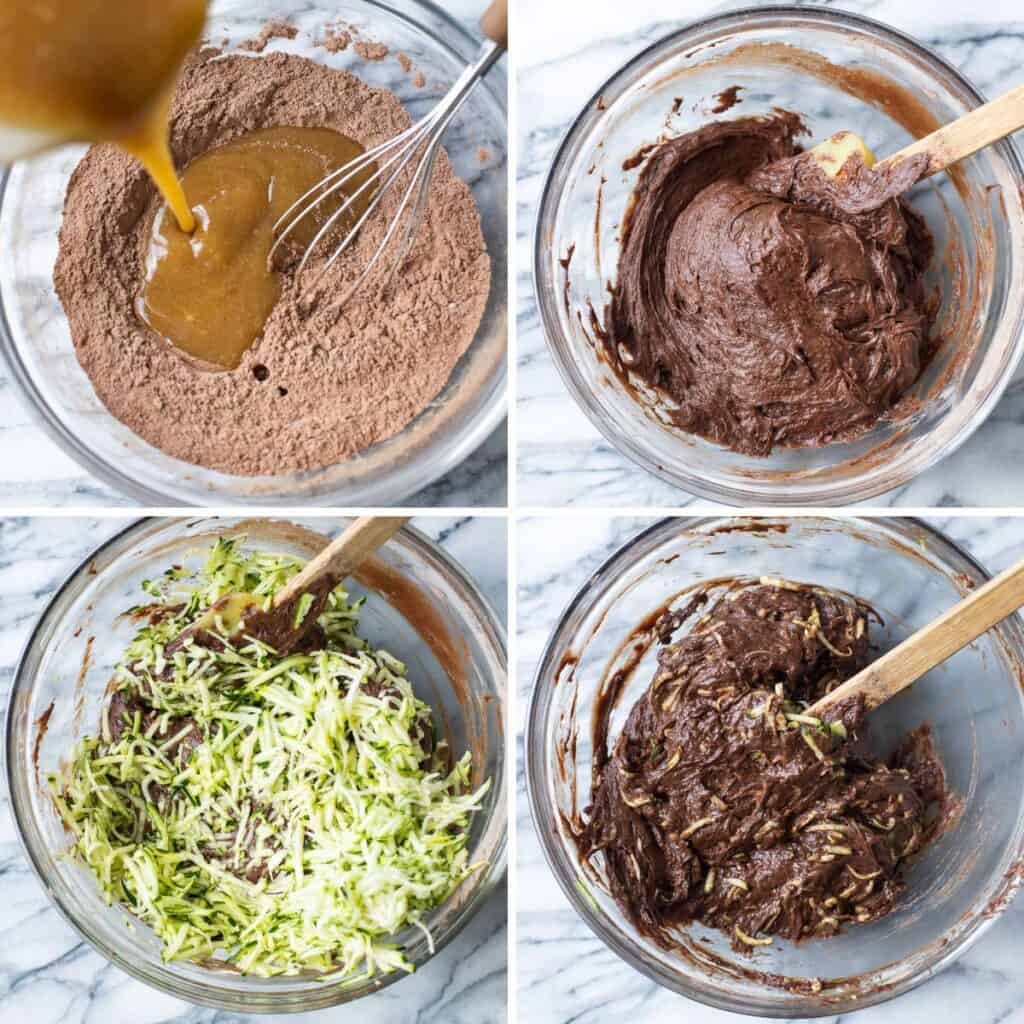 chocolate zucchini muffin batter preparation collage