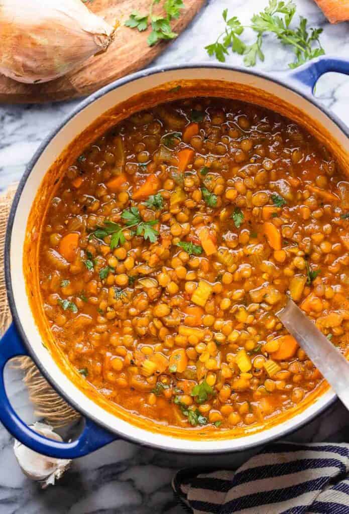 soup pot full of  Tomato Lentil Soup