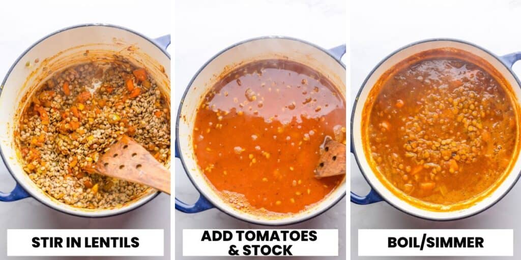 lentil soup simmering collage
