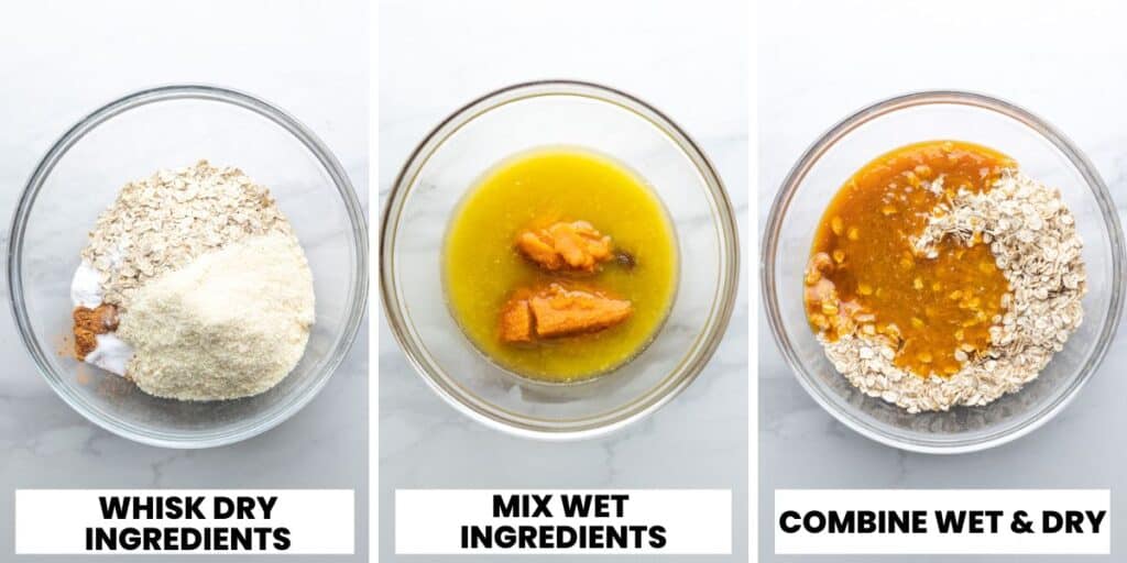 a collage of three images: one a bowl of dry cookie ingredients, one a bowl of wet cookie and ingredients and a picture of the wet and dry ingredients together