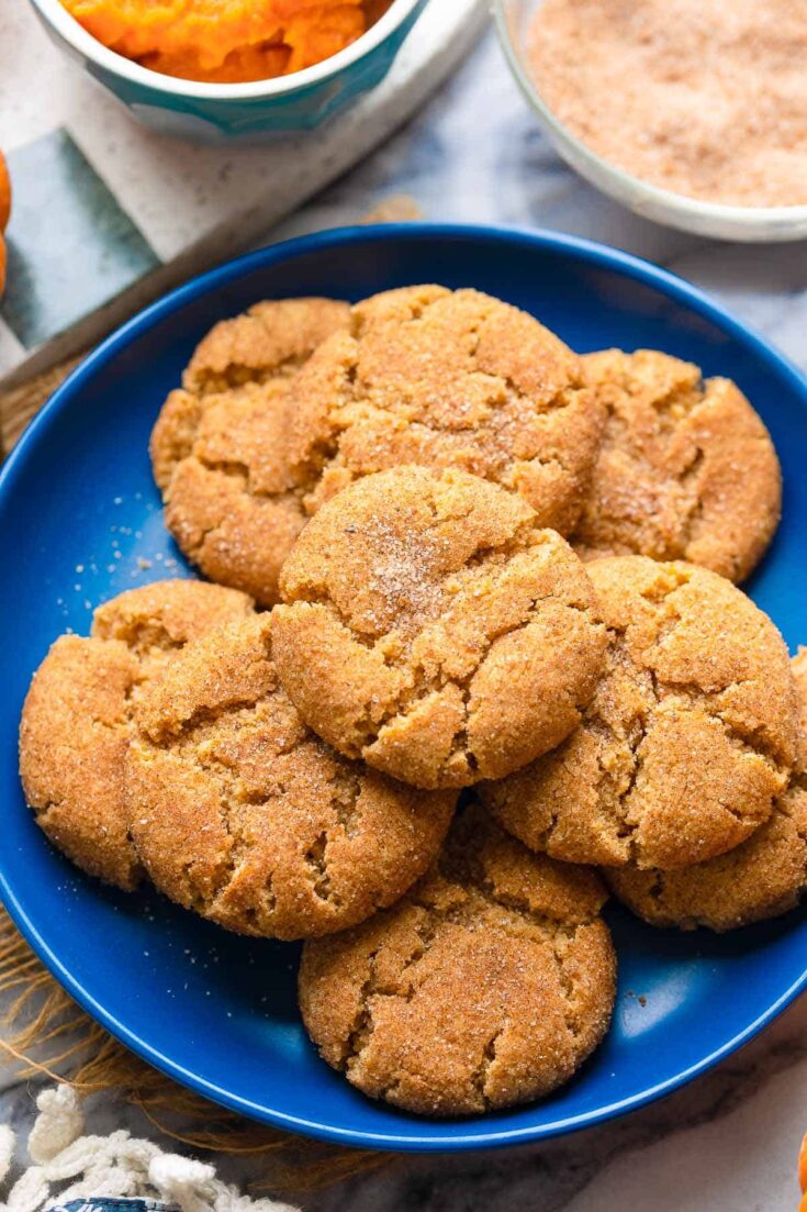 a plate of pumpkin snickerdoodles made with almond flour