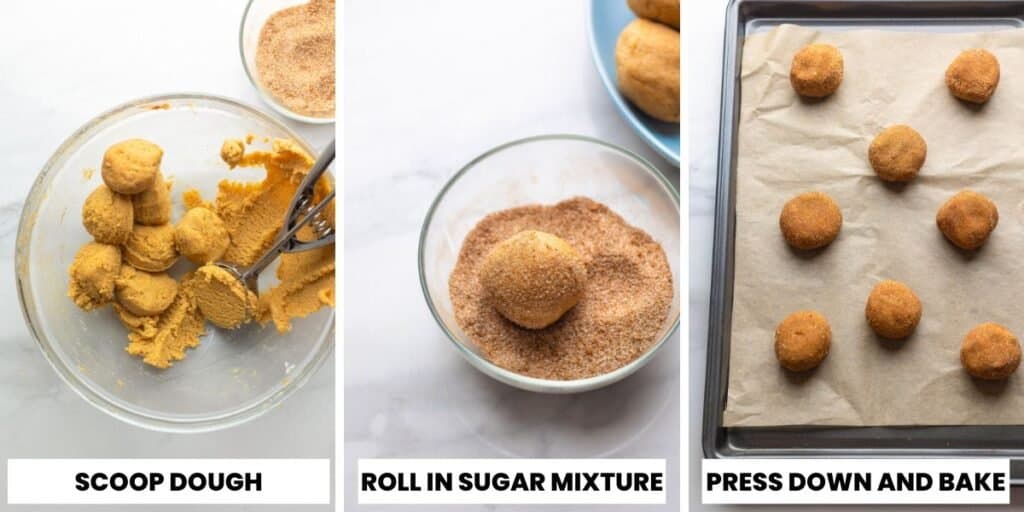 a collage of snickerdoodle cookie dough rolled into balls then coated in cinnamon sugar place on a baking sheet