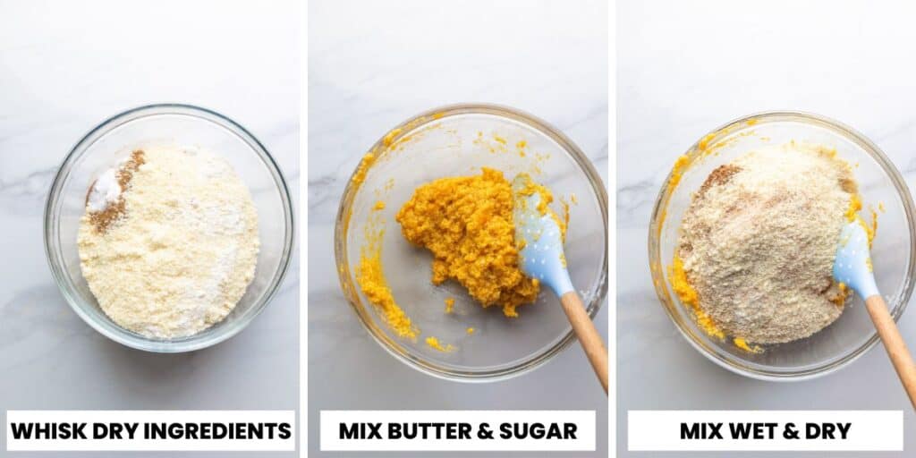 a collage showing how to mix together the dough for pumpkin almond flour snickerdoodle cookies