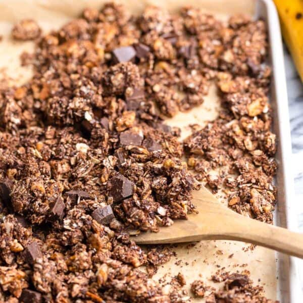 homemade chocolate granola on a baking sheet