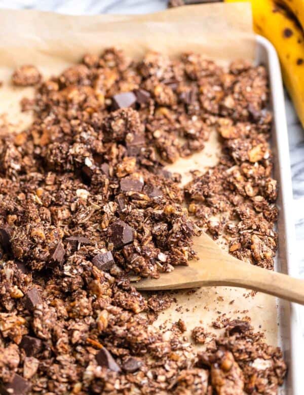 homemade chocolate granola on a baking sheet