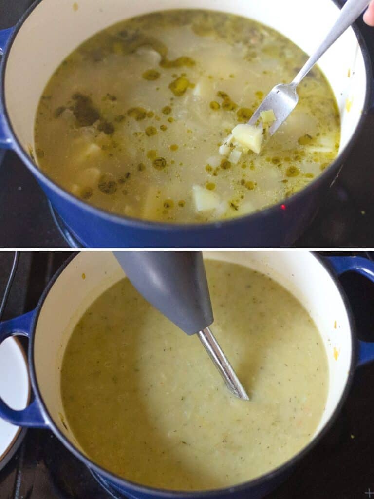 Leek and Potato Soup before and after blending the soup into a smooth texture