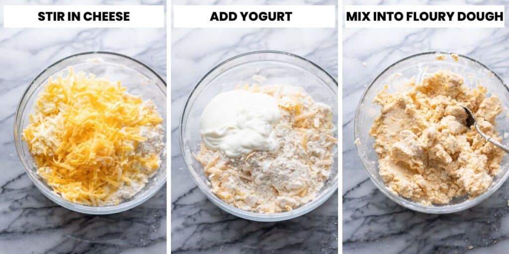 gluten free cheese scone collage showing when to add the cheese and yogurt before mixing into a floury dough