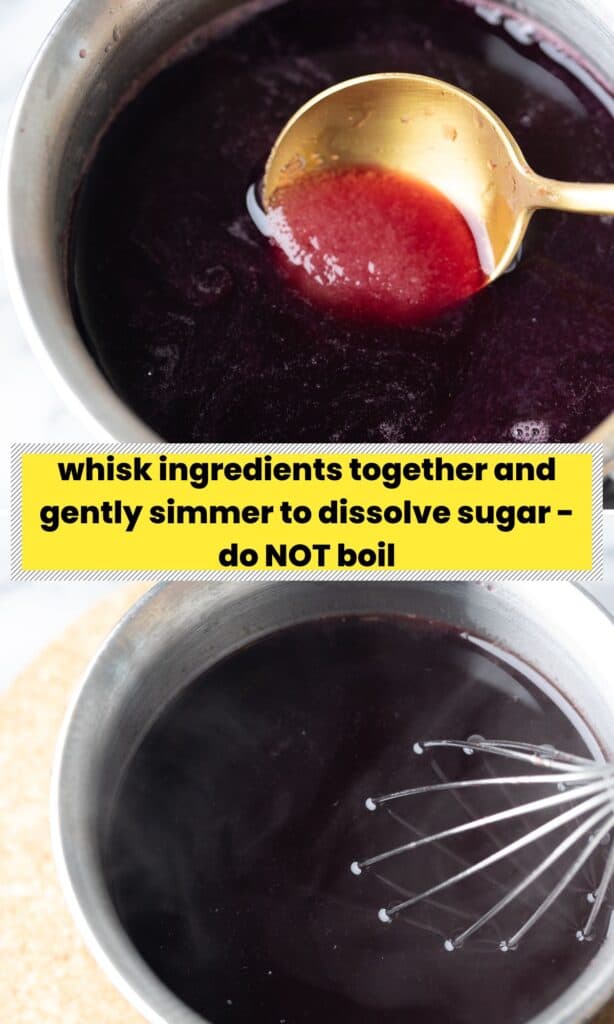 two images: the first is grenadine syrup ingredients in a sauce pan with the undissolved sugar and the second is the simmered grenadine 