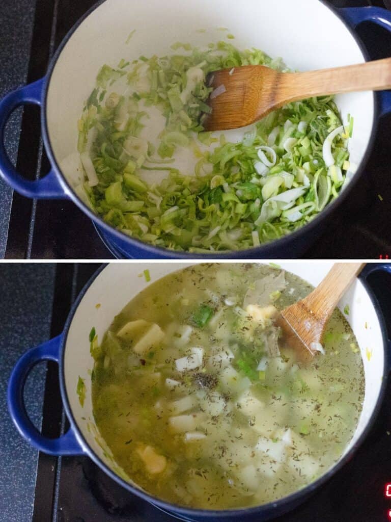 two images: the top images shows sauteed leeks in a pot and the second image shows a pot full of potato leek soup ingredients