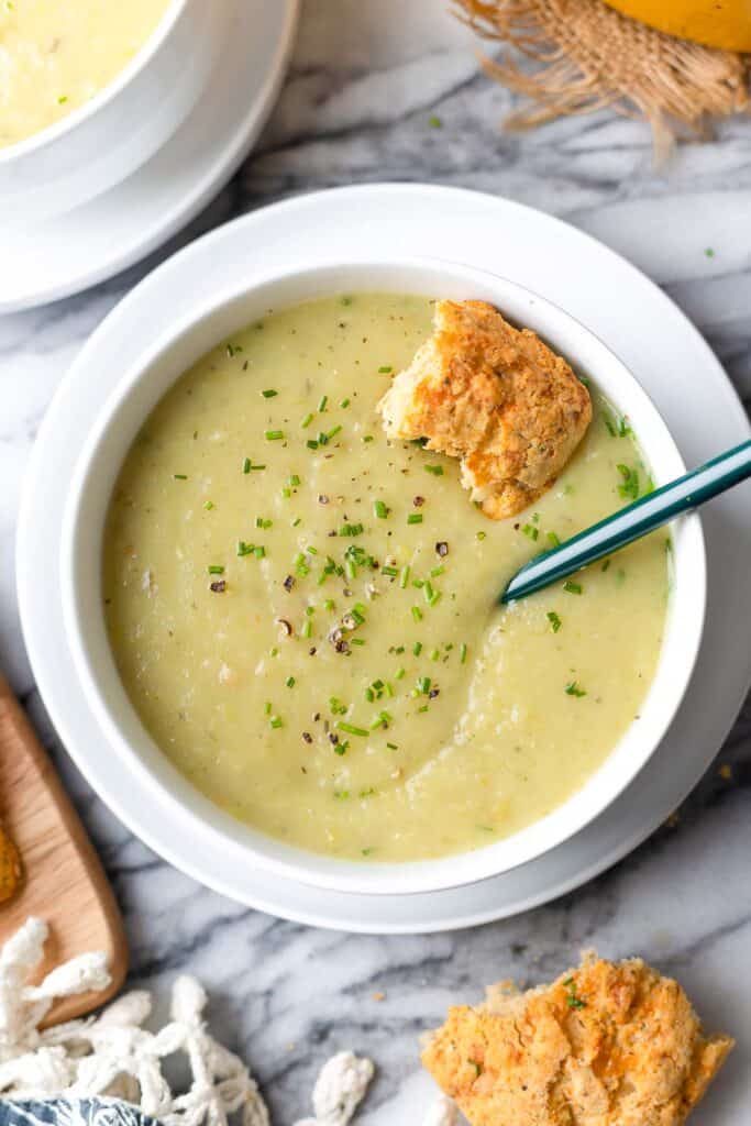 Leek and Potato Soup with a cheesy biscuit