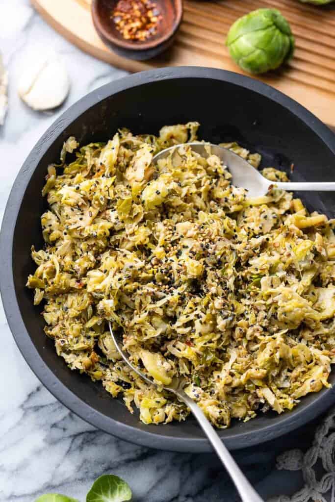 a salad bowl with Sautéed Brussels Sprouts