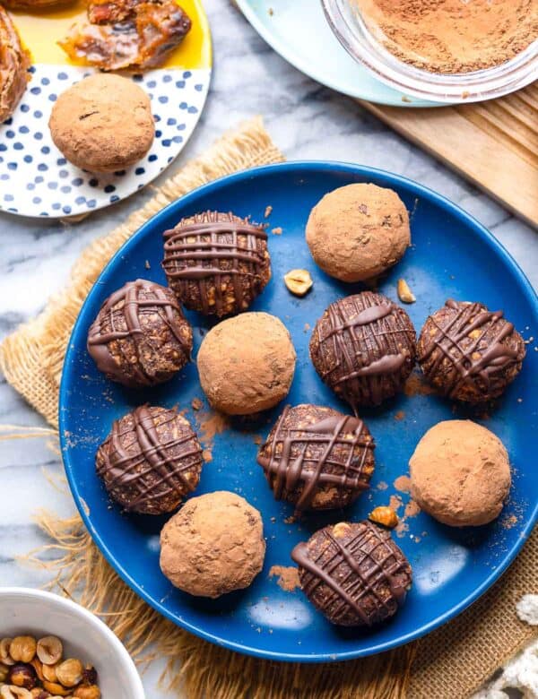 Chocolatey Hazelnut Date Balls on a plate