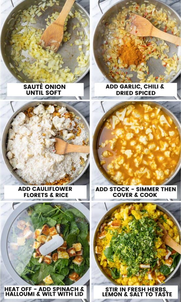 collage of all the steps required to make this One Pot curried rice dish 
