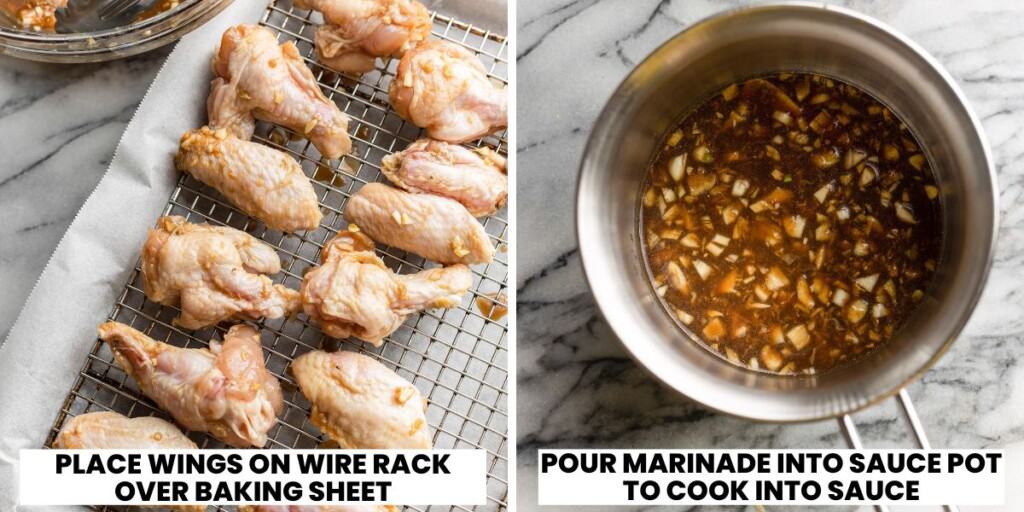 marinated uncooked chicken wings on a wire rack ready to bake and the leftover marinade in a sauce pot