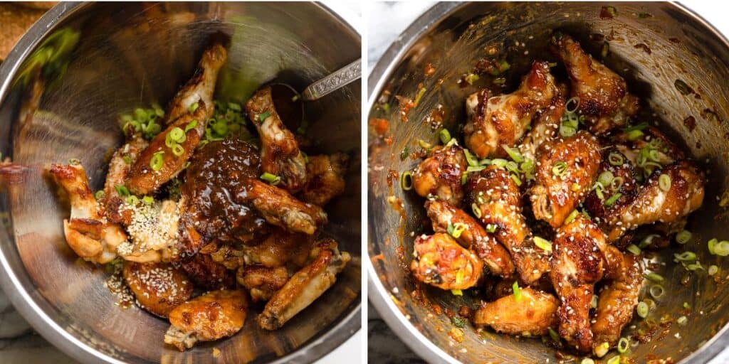 baked chicken wings in a large bowl tossed in a sticky honey garlic sauce
