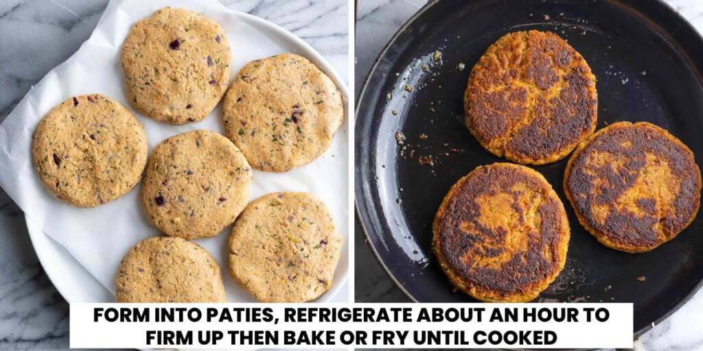 chickpea veggie burger uncooked patties on a plate and cooking in a frying pan