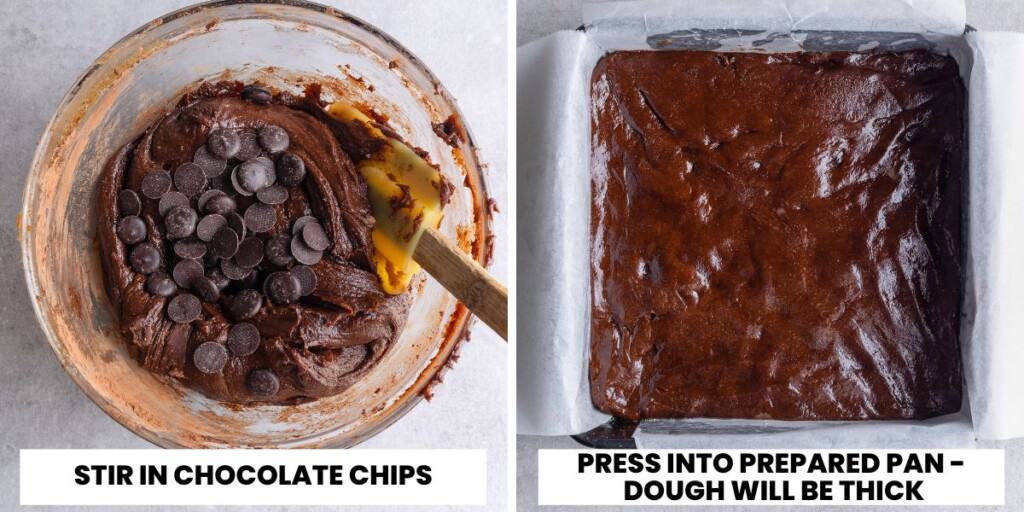 brownie batter in a mixing bowl with chocolate chips and then pressed into a prepared baking pan