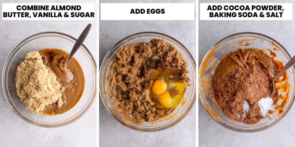 flourless brownie batter mixed together in the three stages: wet ingredients mixed first then dry ingredients mixed in 