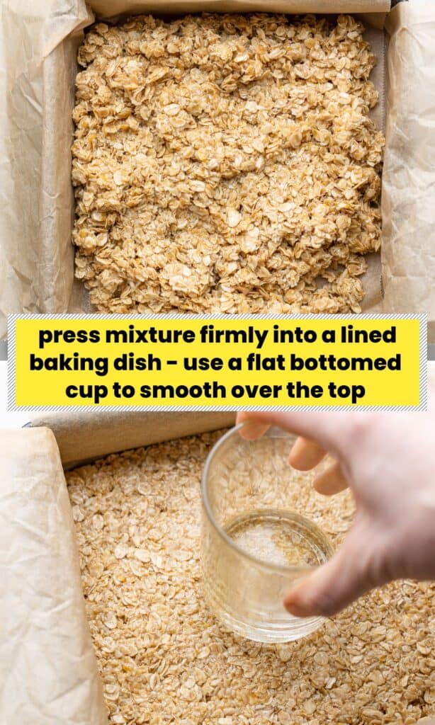 collage showing how to smooth and firmly press flapjack oat mixture into a baking pan using the bottom of cup 