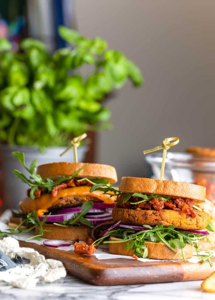Sun Dried Tomato Chickpea Burgers on a serving board