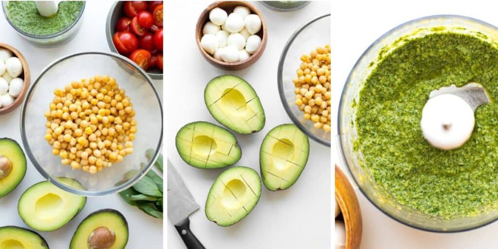 Avocado Chickpea Pesto Salad ingredient collage: chickpeas, avocados and pesto