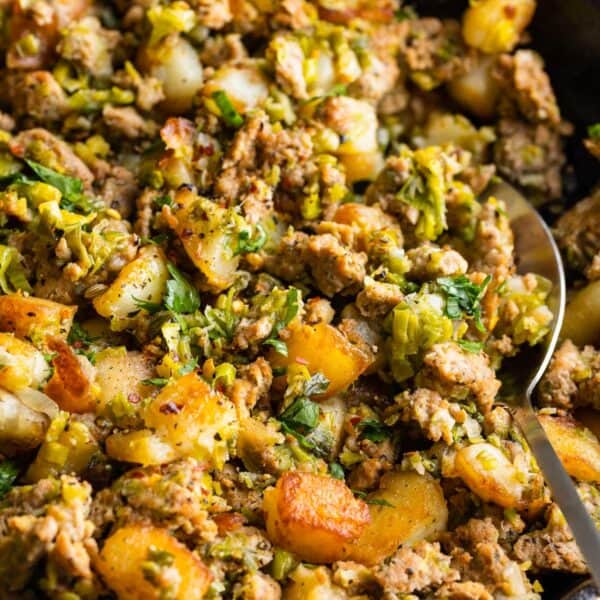 a skillet full of Crispy-Potato-Leek-Turkey-Hash