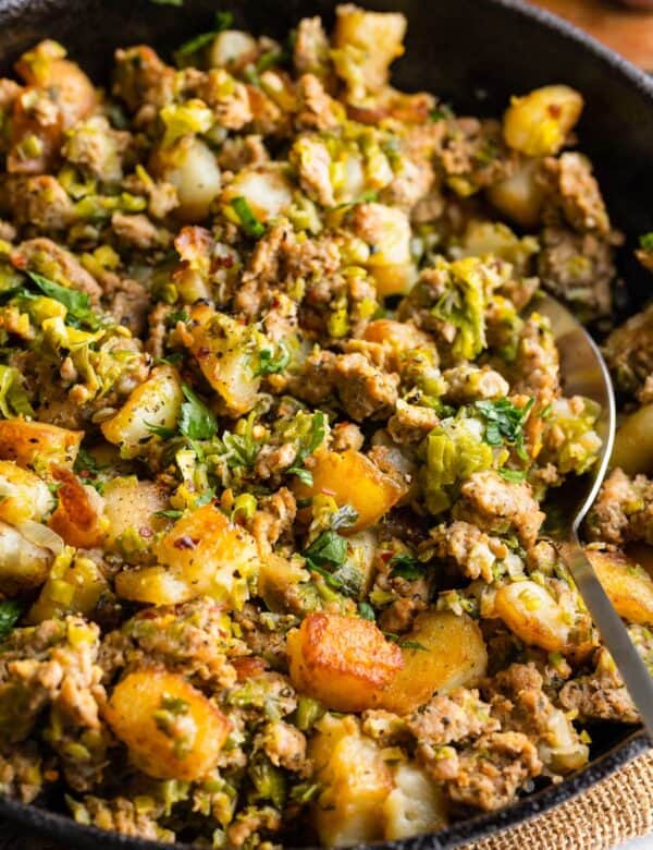 a skillet full of Crispy-Potato-Leek-Turkey-Hash