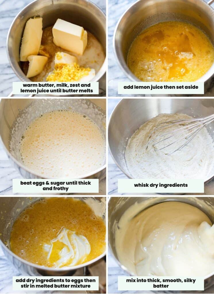 blueberry lemon loaf cake batter preparation collage