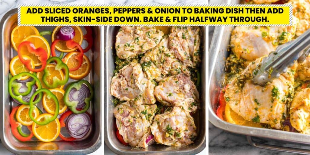 Mojo Chicken Thighs baking collage with peppers, oranges and onions