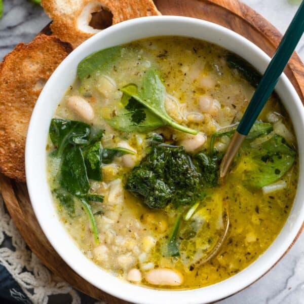 pistou soup made with spring veggies in a bowl