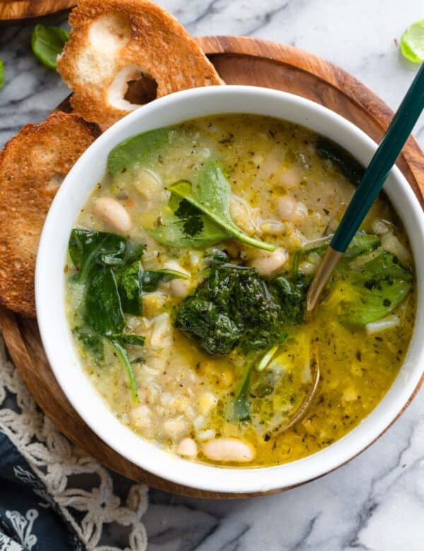 pistou soup made with spring veggies in a bowl