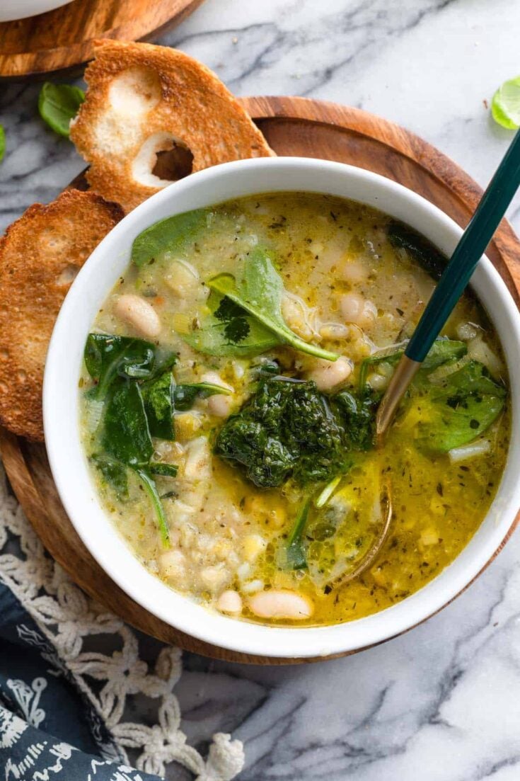 pistou soup made with spring veggies in a bowl