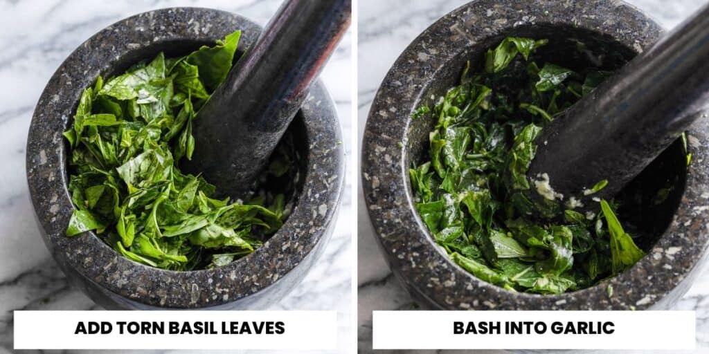 collage of fresh torn basil leaves with garlic and salt in mortar and pestle