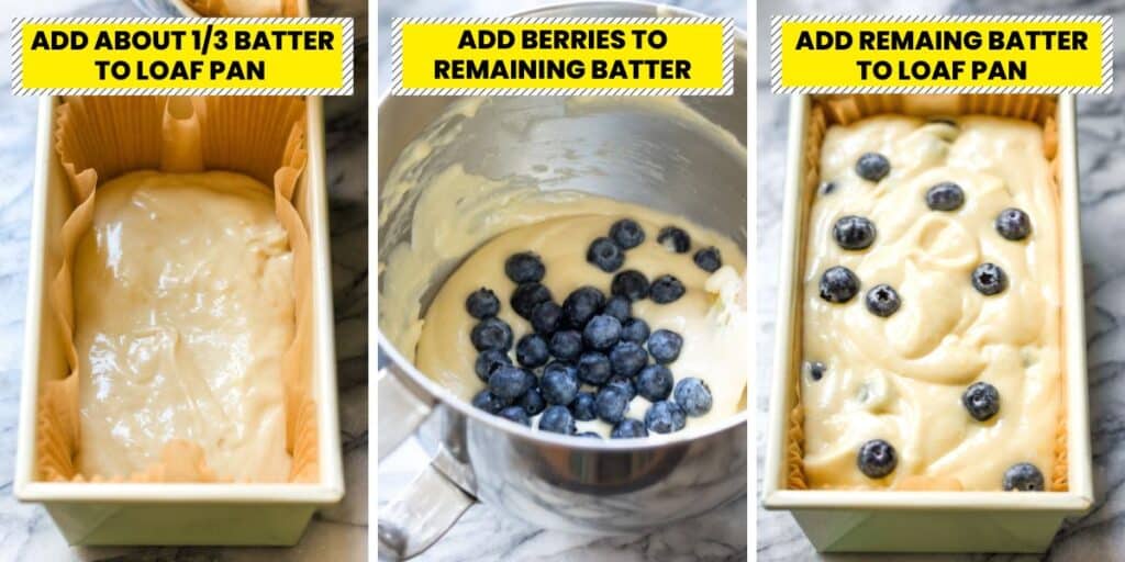 lemon blueberry loaf cake collage of mixing berries into batter after adding some batter to the prepared loaf pan